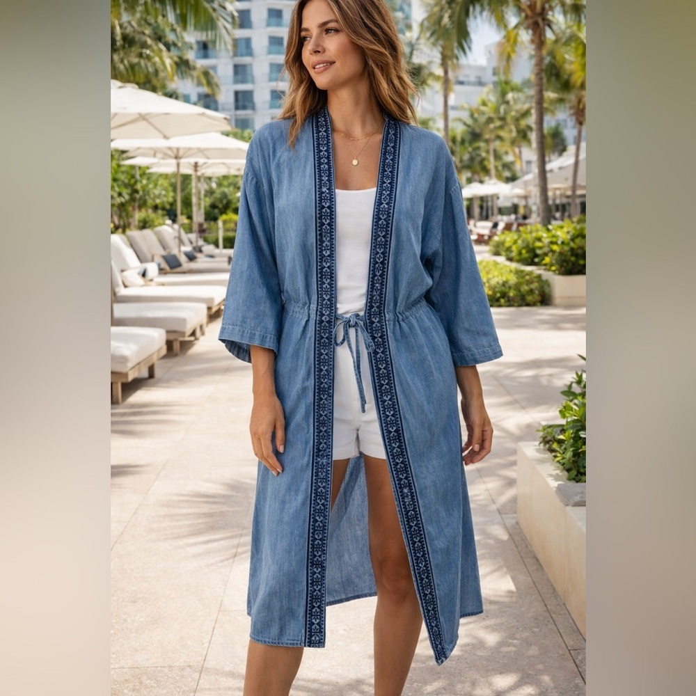 Gap Embroidered Kimono Duster Denim Jacket SZ XXS/XS Longer Length Pockets Boho